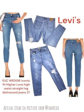 Levi's Women's WEDGIE iconic fit Higher Love HR straight leg distressed jeans 27